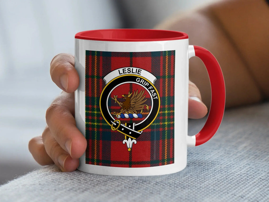 Leslie Grip Fast tartan mug 15oz — clan crest on glossy white ceramic