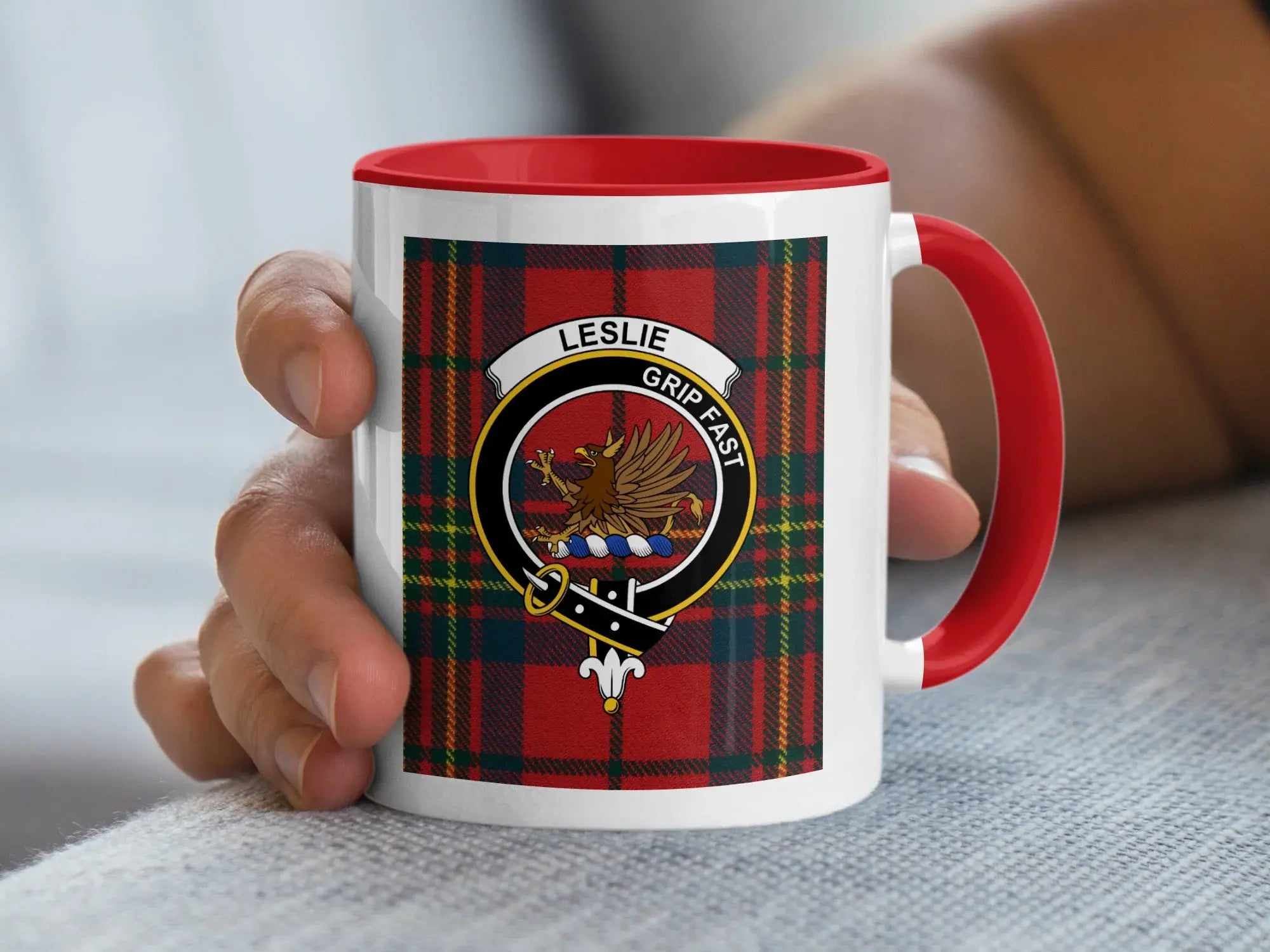 Leslie Grip Fast tartan mug 15oz — clan crest on glossy white ceramic