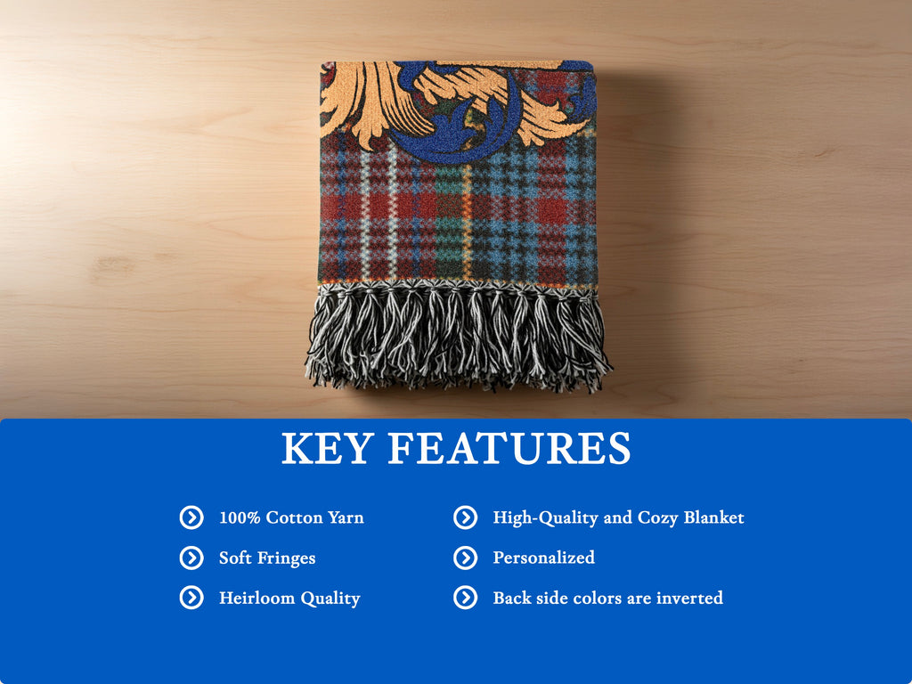 Features of the Witherspoon Scottish family shield woven blanket with Caledonia tartan background