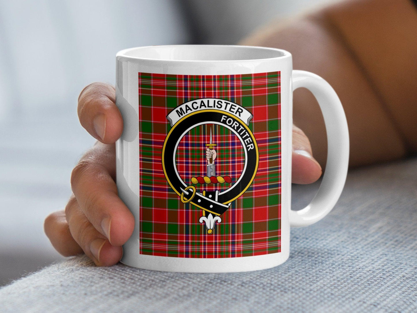 Clan MacAlister Fortiter Crest Plaid Tartan Design Mug - Living Stone Gifts