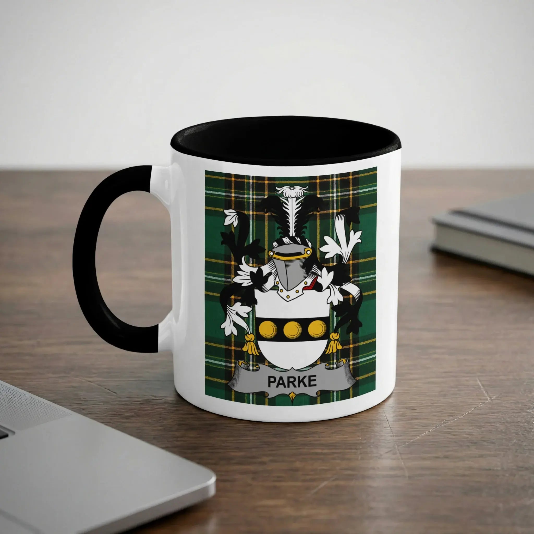 Parke Irish heritage mug with black interior and surname crest