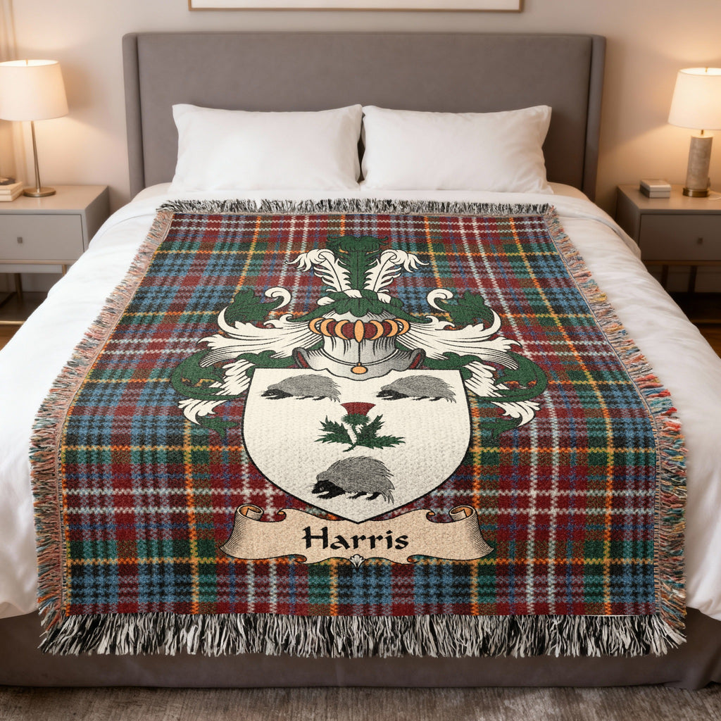 Harris Caledonia tartan heritage woven throw blanket with family shield