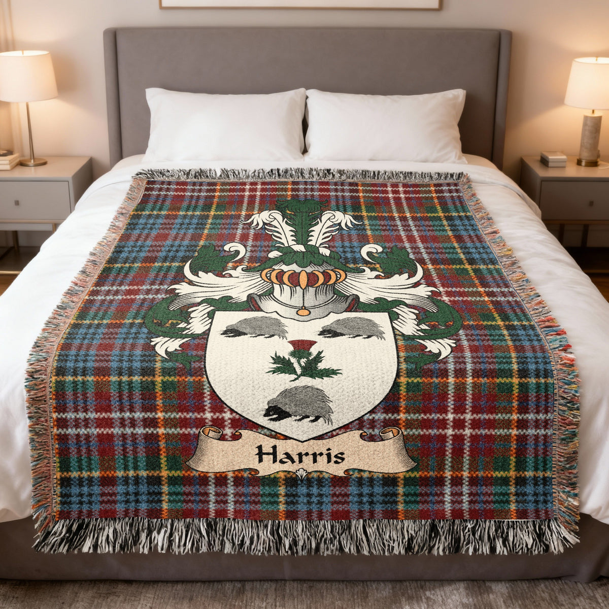 Harris Caledonia tartan heritage woven throw blanket with family shield