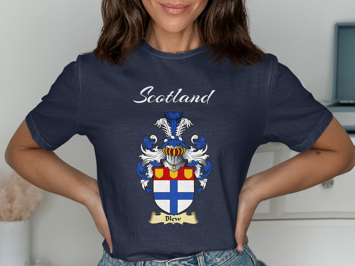 Blew Scottish family shield design on Navy T-shirt