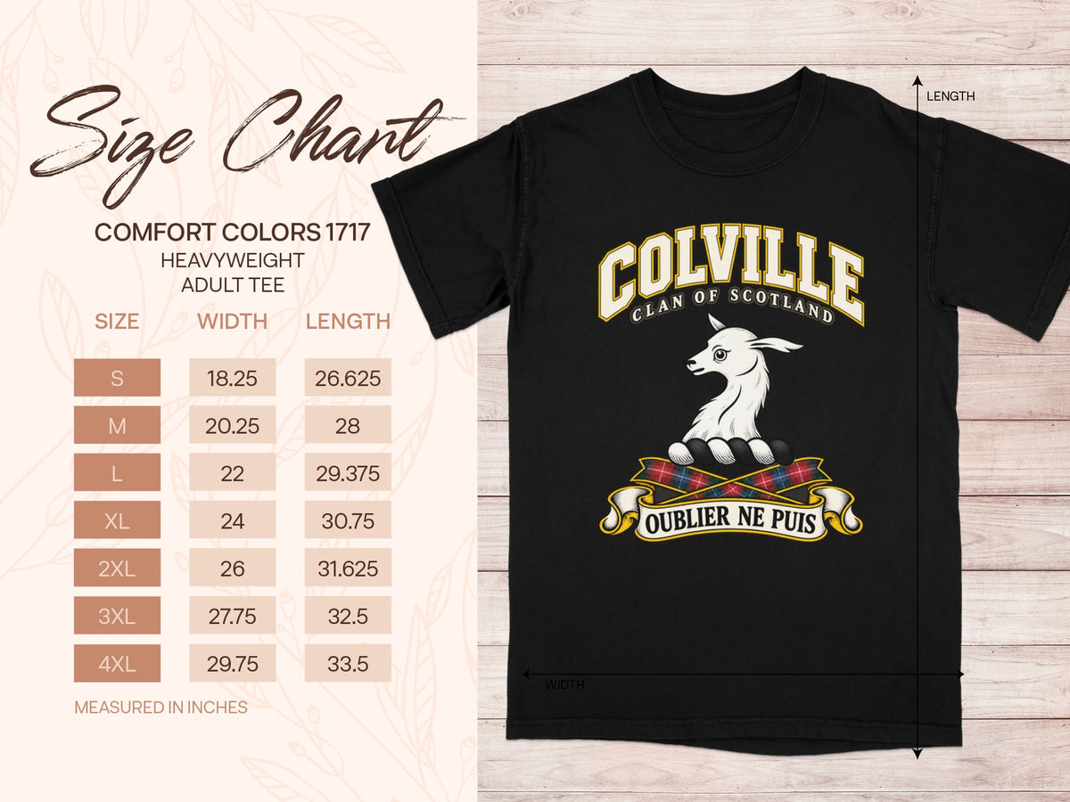 Comfort Colors 1717 size chart for the Colville Scottish clan T-shirt, adult sizes S–4XL.