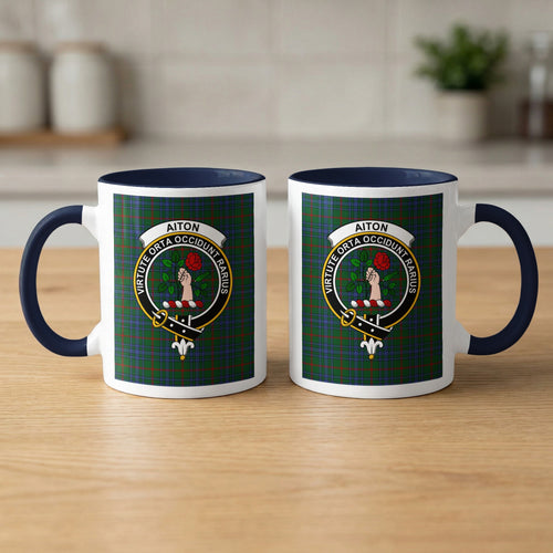 Pair of Aiton Scottish family crest 11 oz mugs with navy accents and a tartan background