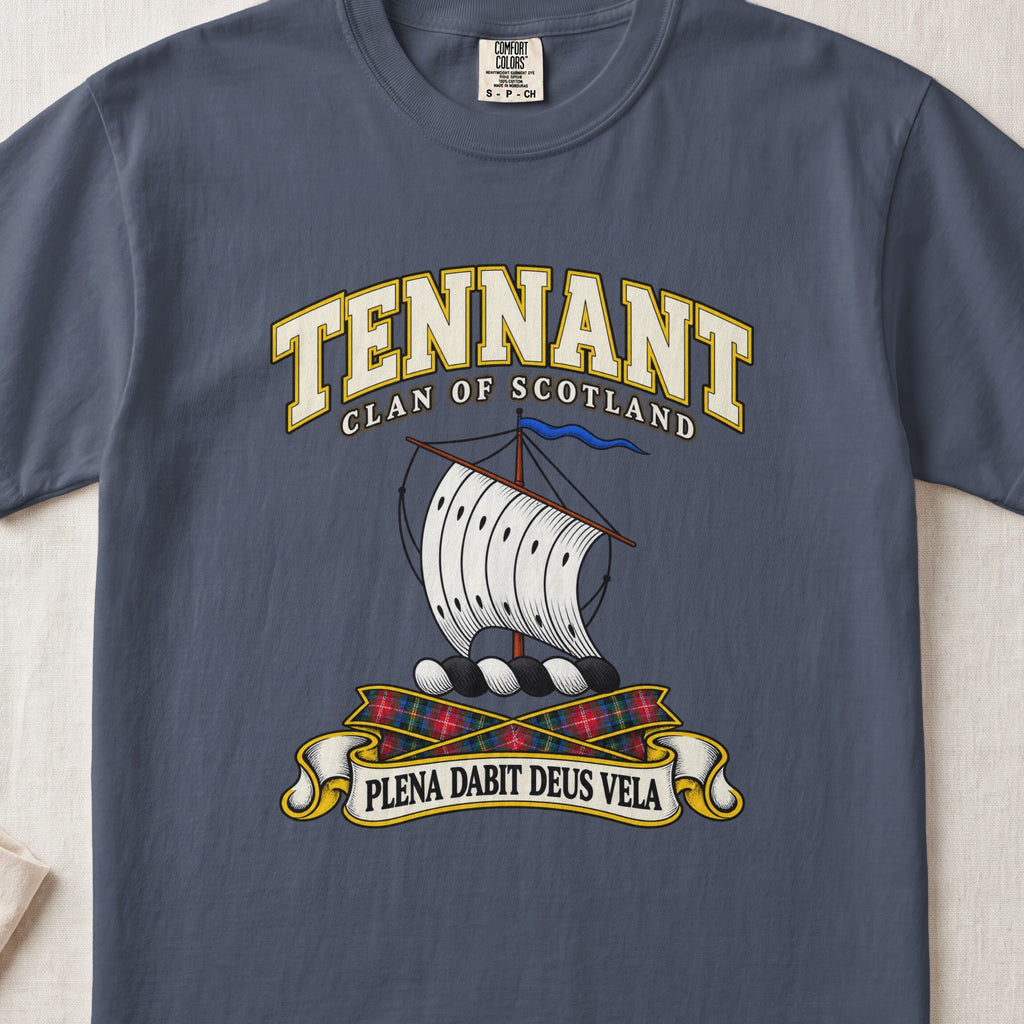 Tennant Scottish clan T-shirt in Midnight, front view with a white sail and blue pennant and motto design.