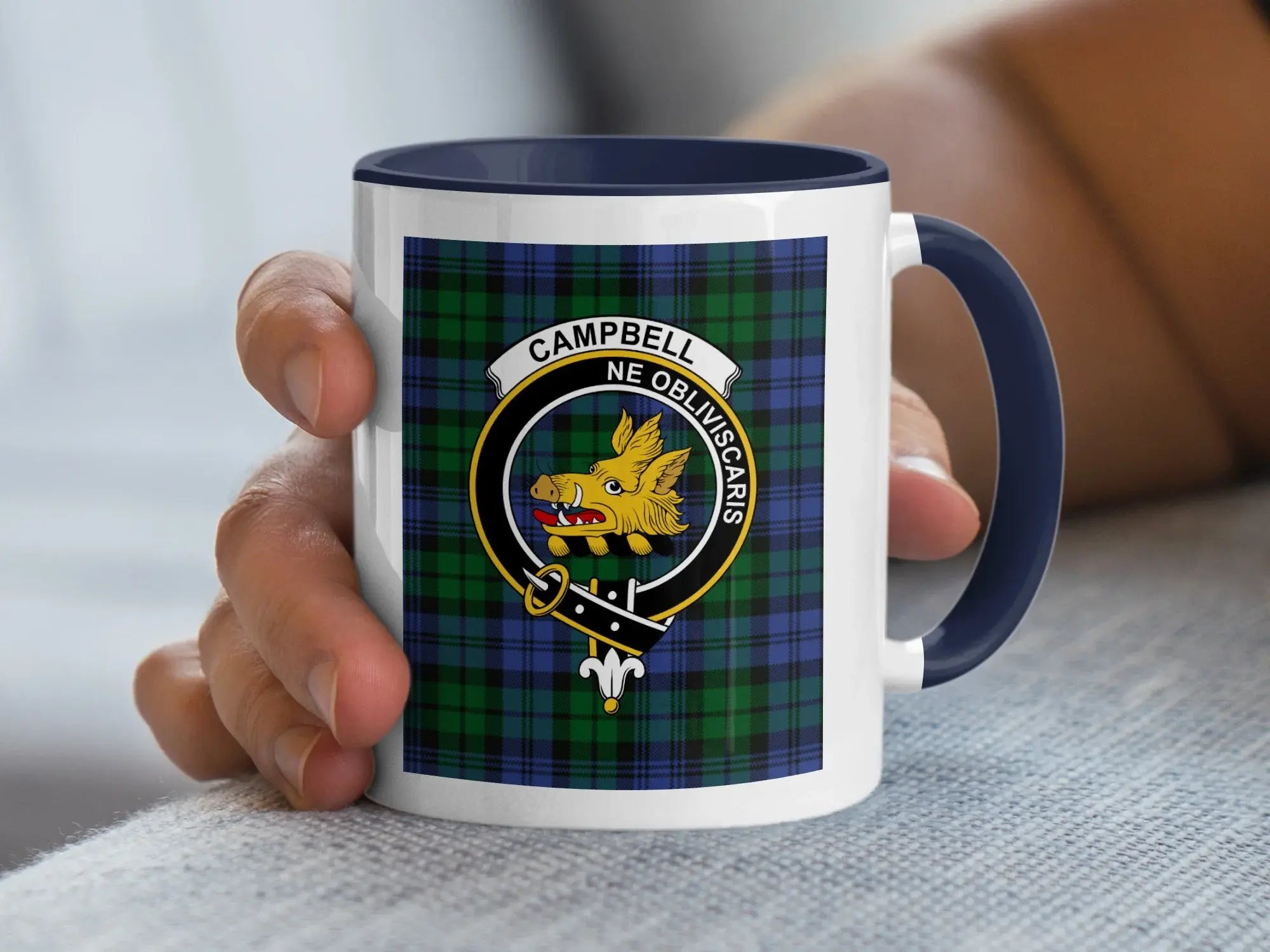 Campbell clan crest ceramic mug — dark green tartan with black accent handle, 11oz