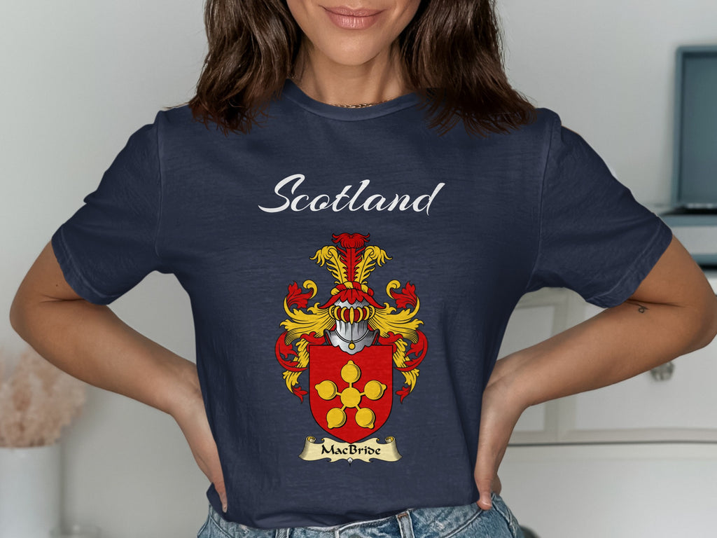 MacBride Scottish family shield design on Navy T-shirt