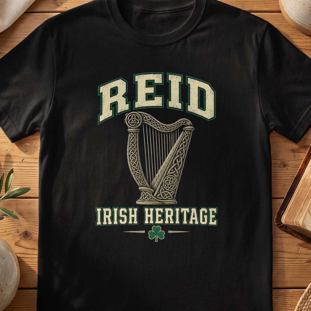 Reid Irish Heritage black Gildan 64000 T-shirt with Celtic harp design