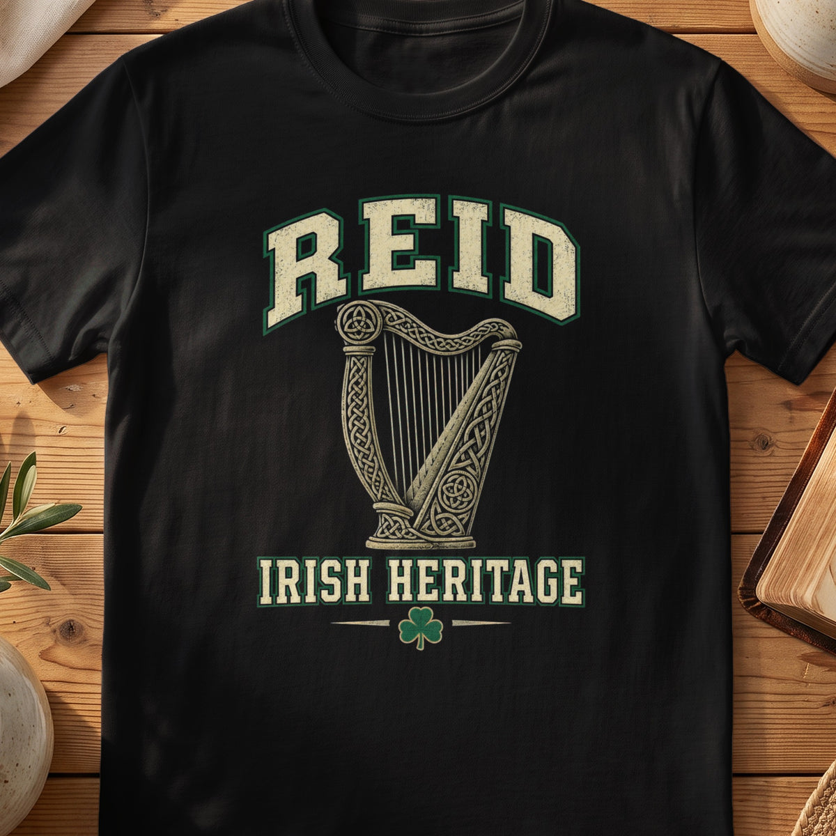Reid Irish Heritage black Gildan 64000 T-shirt with Celtic harp design