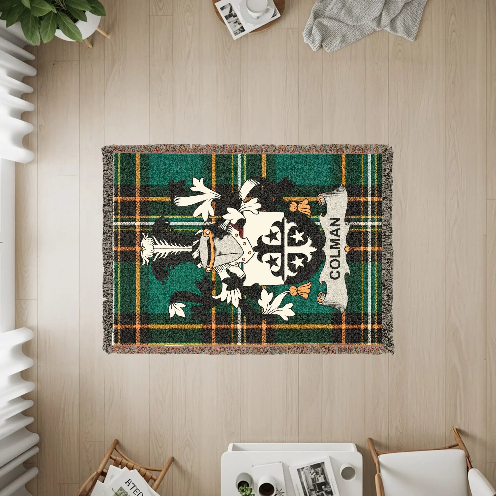 Colman Family Crest Green Black Yellow Plaid Woven Blanket