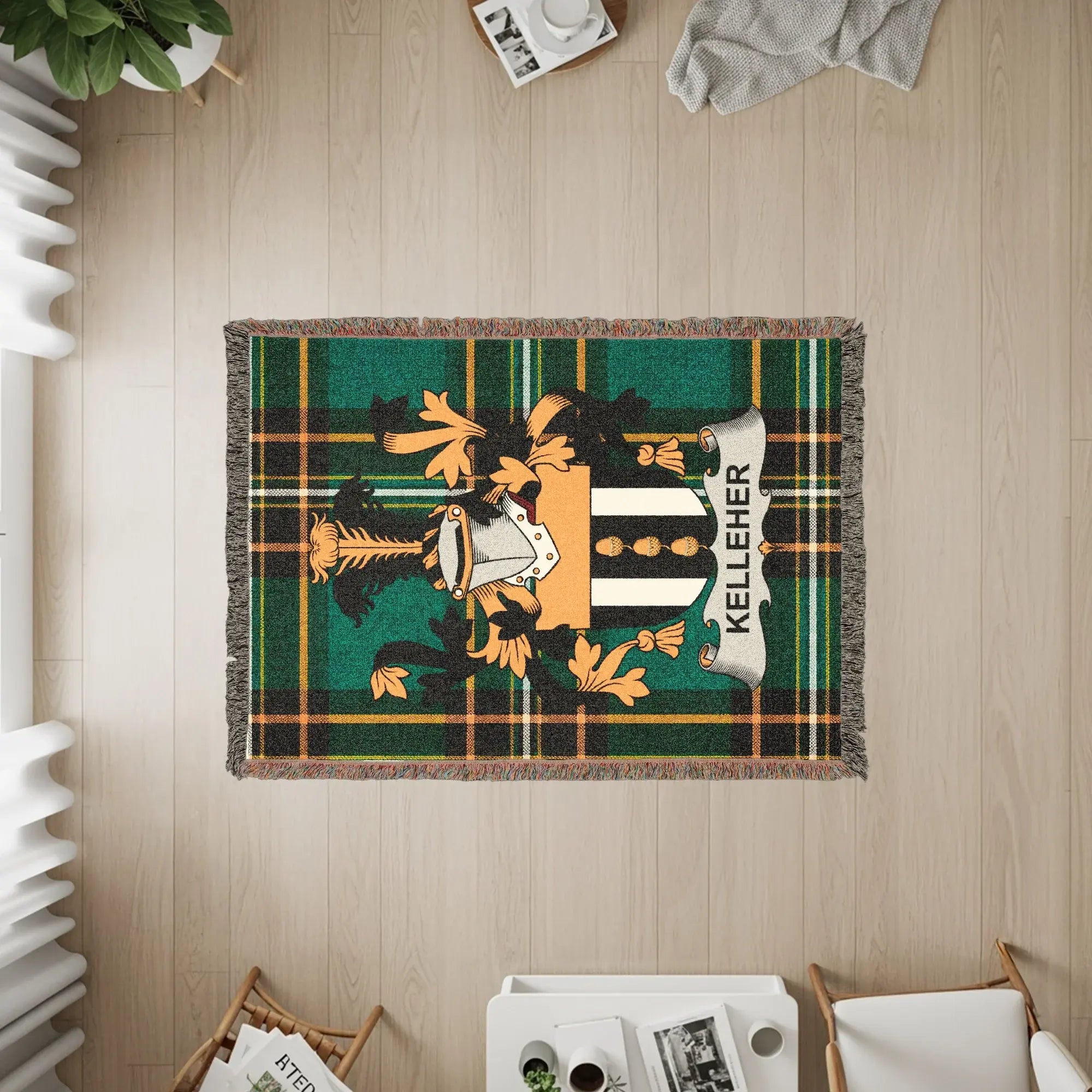 Woven Kelleher family crest blanket with green plaid background.