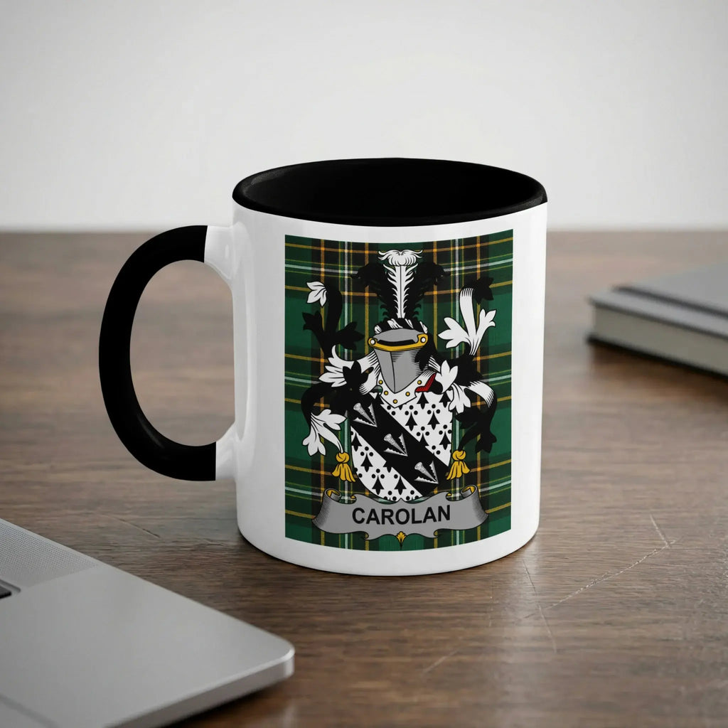 White mug with black rim featuring the Carolan family crest.