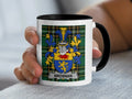 White mug with black rim featuring Brosnan family crest on a plaid background.