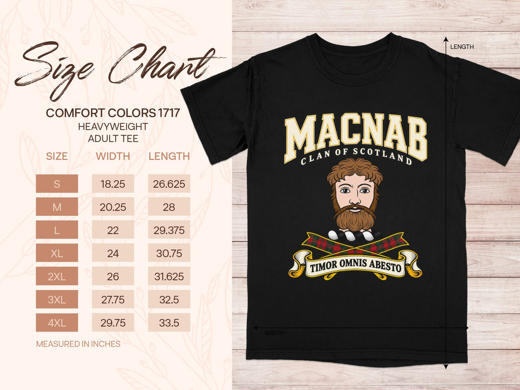 MacNab Comfort Colors 1717 T-shirt size chart with black shirt illustration