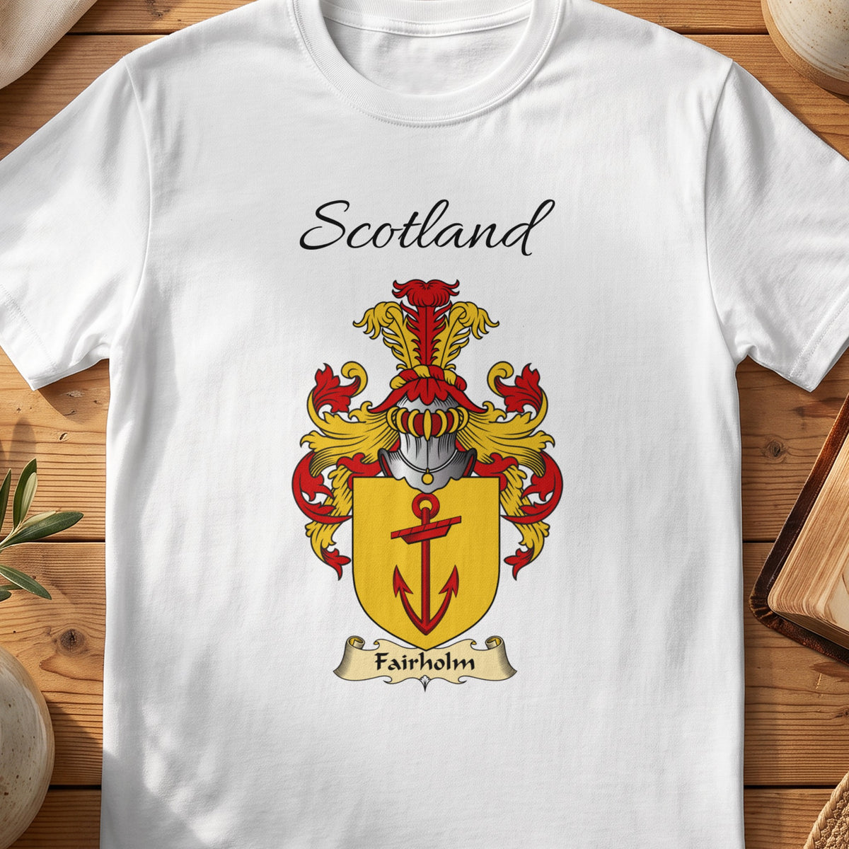 White Fairholm Scottish family shield T-shirt featuring a red anchor on a gold shield