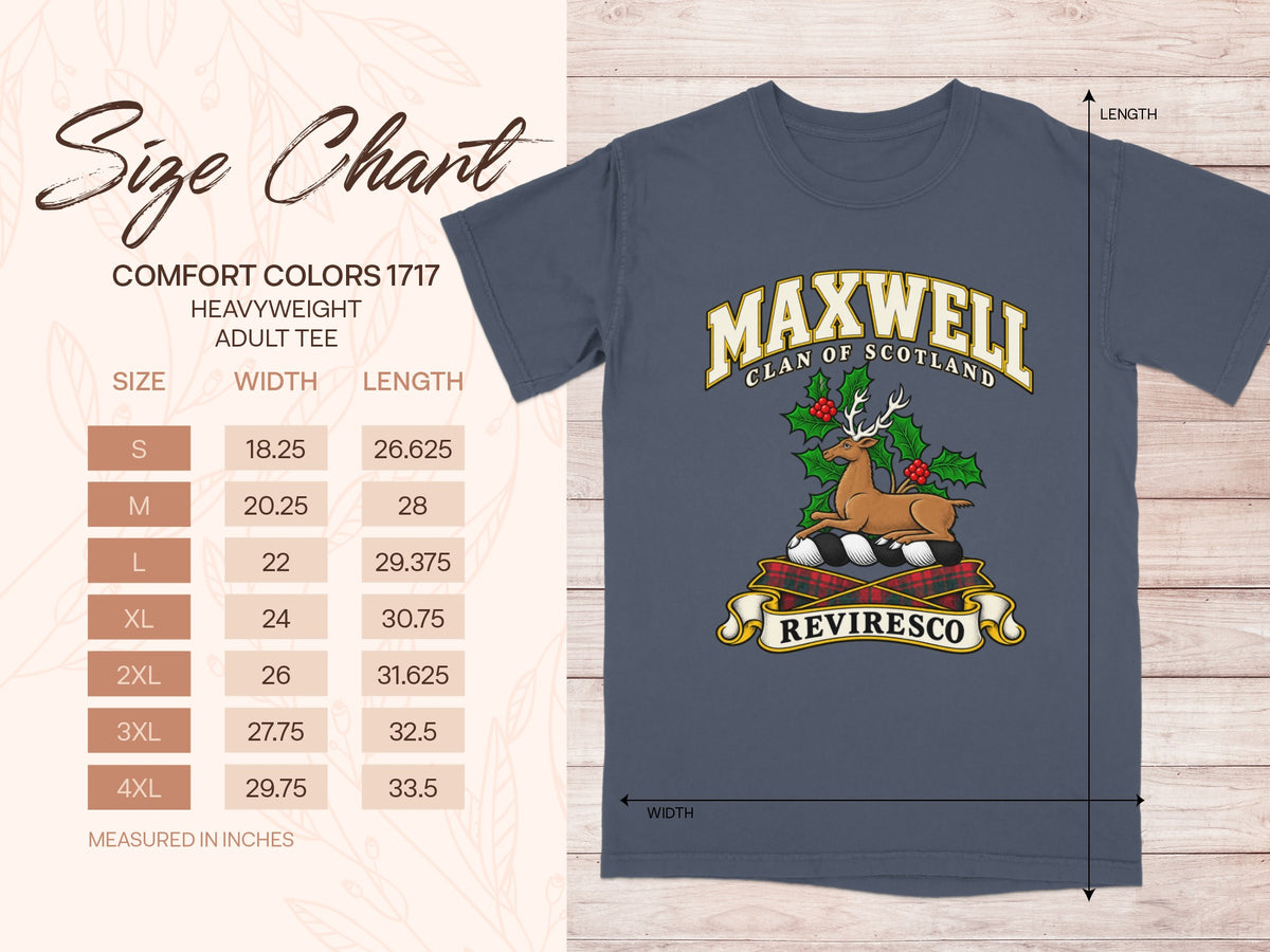 Comfort Colors 1717 size chart for the Maxwell Scottish clan T-shirt, adult sizes S–4XL.
