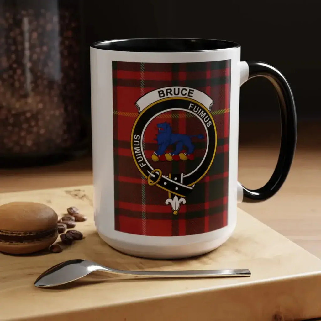 Bruce clan tartan 15oz accent mug — navy handle and interior, full crest print on white ceramic