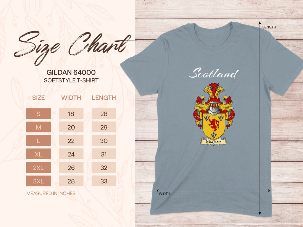 Gildan 64000 size chart for MacNair Scottish family shield T-shirt