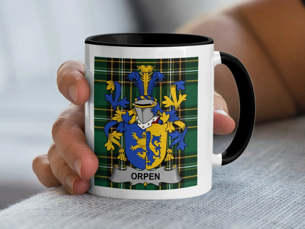 Orpen Irish family crest black accent mug with Irish National Tartan