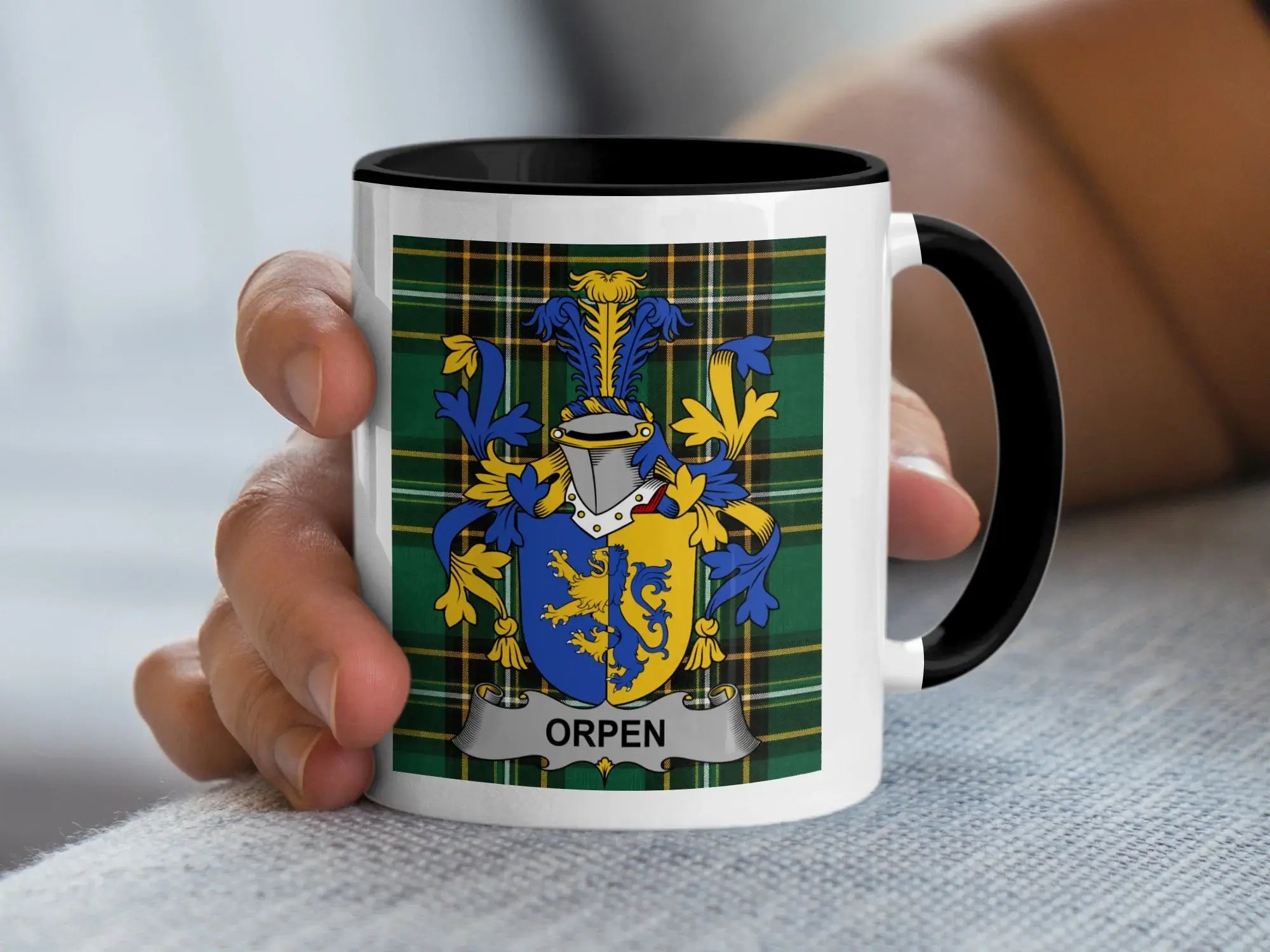 Orpen Irish family crest black accent mug with Irish National Tartan