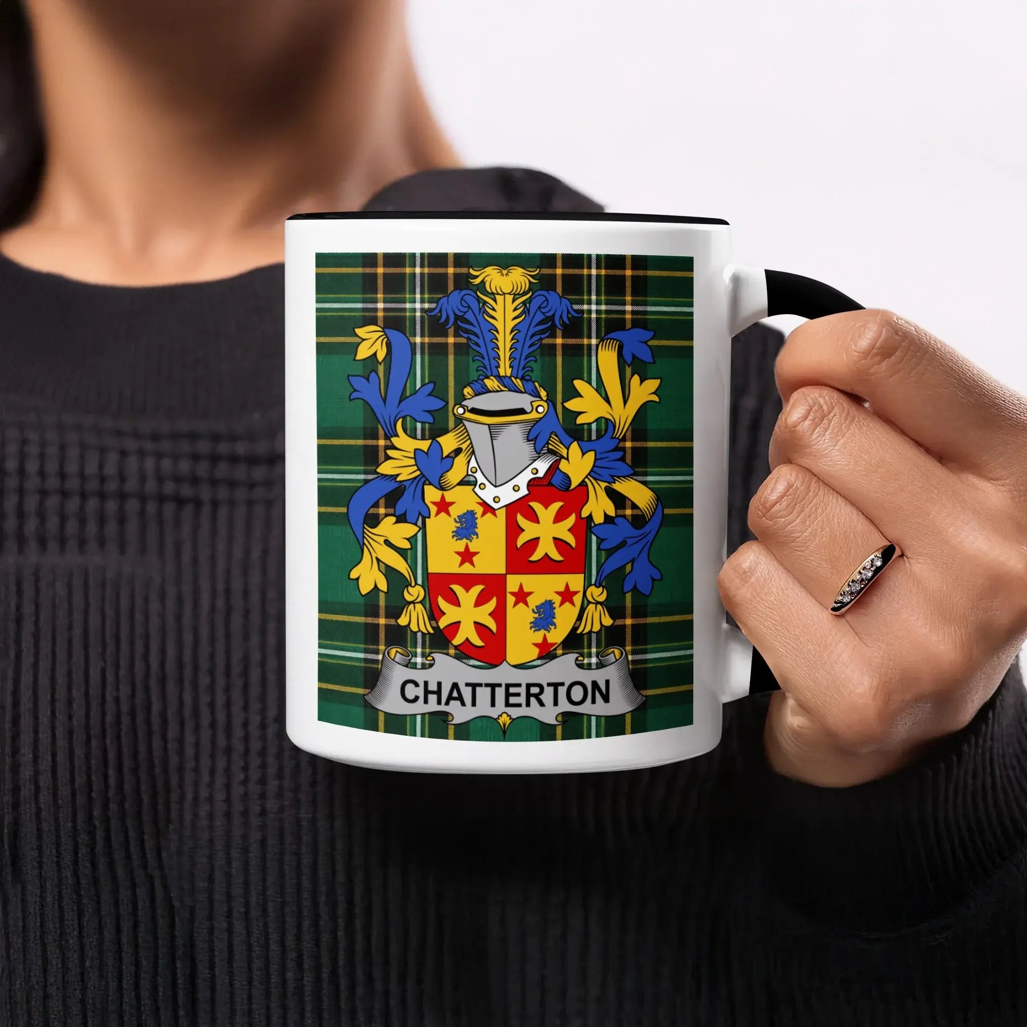 Mug with green tartan pattern and "CHATTERTON" crest.