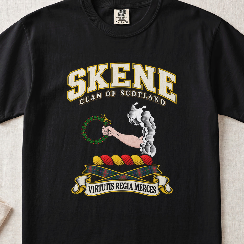 Skene Scottish clan T-shirt in Black, front view with an arm extending from clouds and holding a green wreath and motto design.