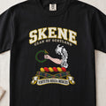 Skene Scottish clan T-shirt in Black, front view with an arm extending from clouds and holding a green wreath and motto design.