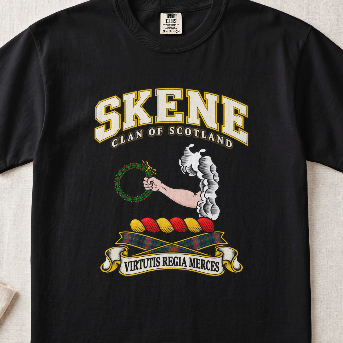 Skene Scottish clan T-shirt in Black, front view with an arm extending from clouds and holding a green wreath and motto design.