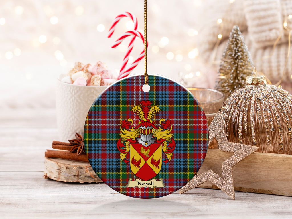 Double-sided Newall ceramic ornament with family shield and Caledonia tartan background