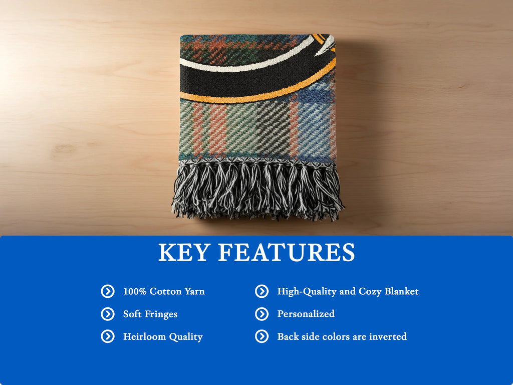 Clan Houston tartan woven blanket — fringe edge close-up, 100% cotton construction