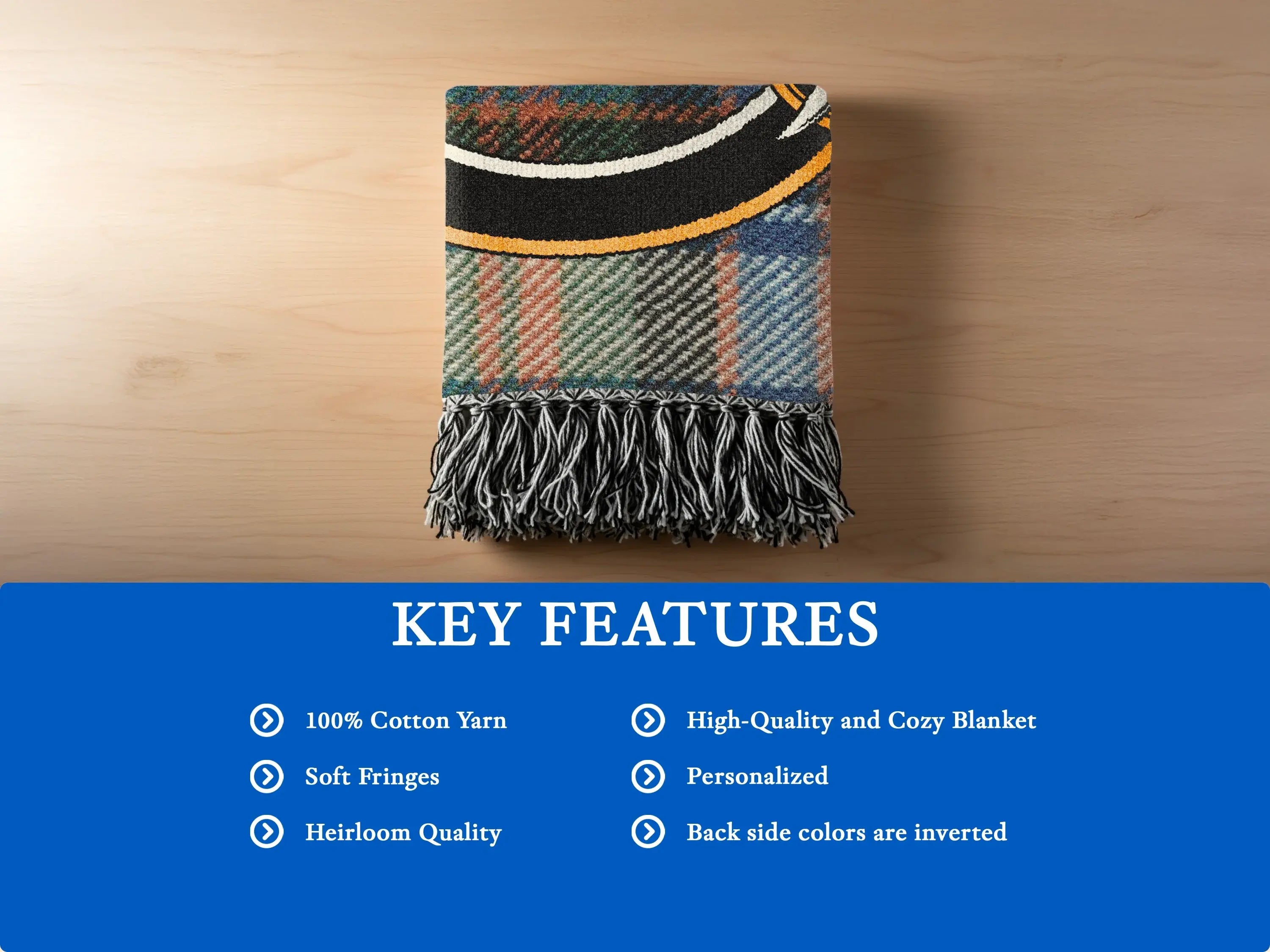 Clan Houston tartan woven blanket — fringe edge close-up, 100% cotton construction