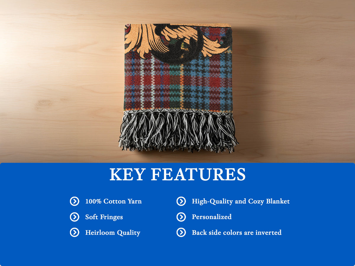 Features of the Murchison Scottish family shield woven blanket with Caledonia tartan background