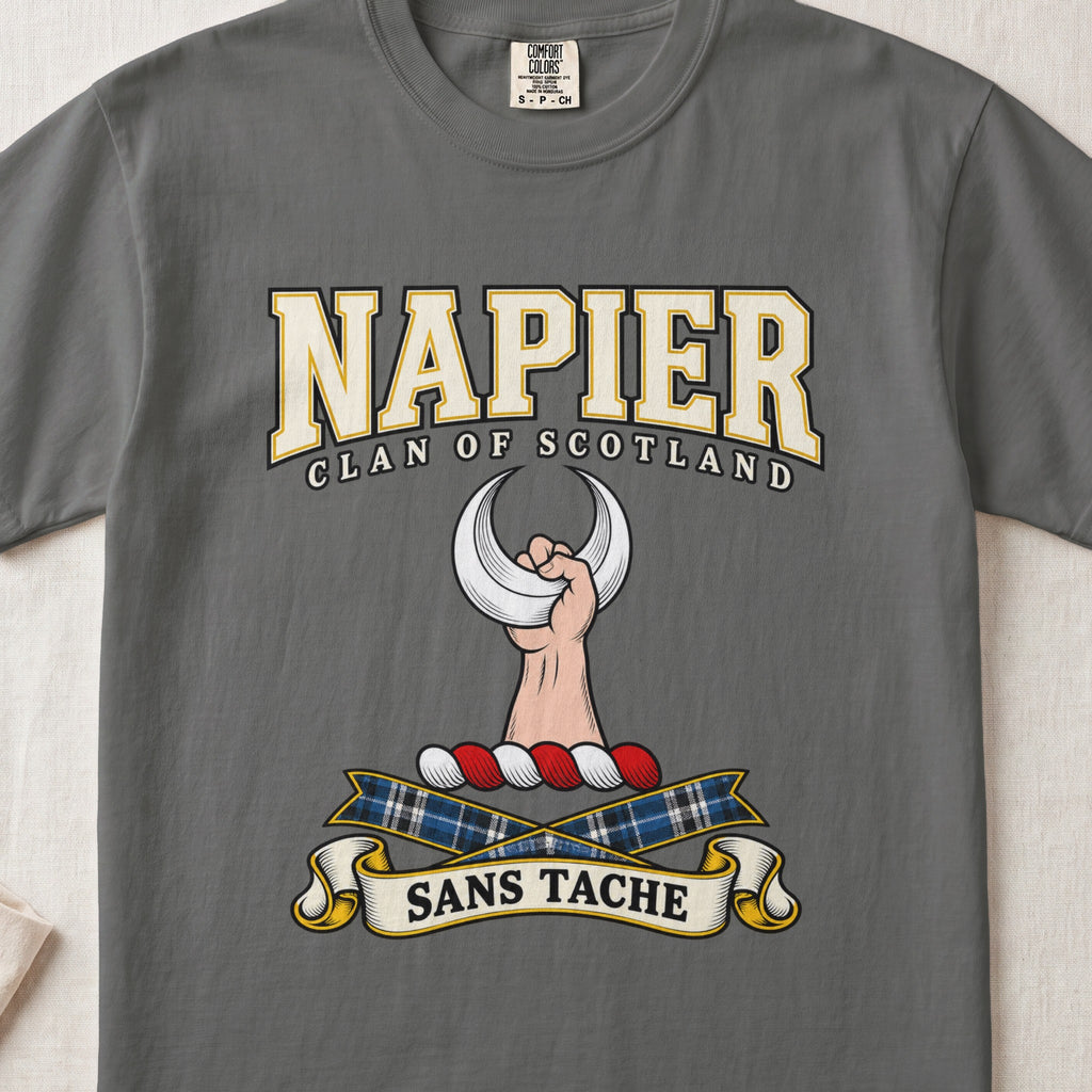 Napier Scottish clan graphic T-shirt in Pepper, front view