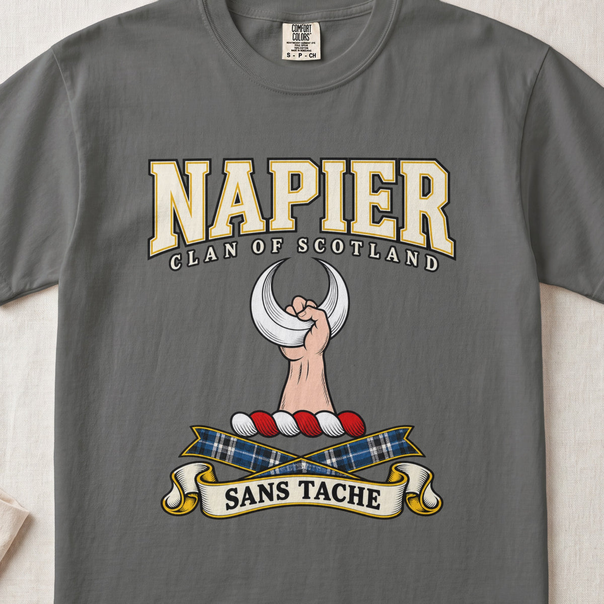Napier Scottish clan graphic T-shirt in Pepper, front view