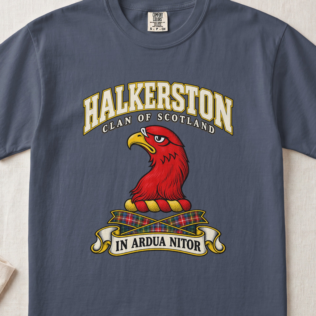 Halkerston Scottish clan T-shirt in Midnight, front view with a red bird head with a golden beak and motto banner.