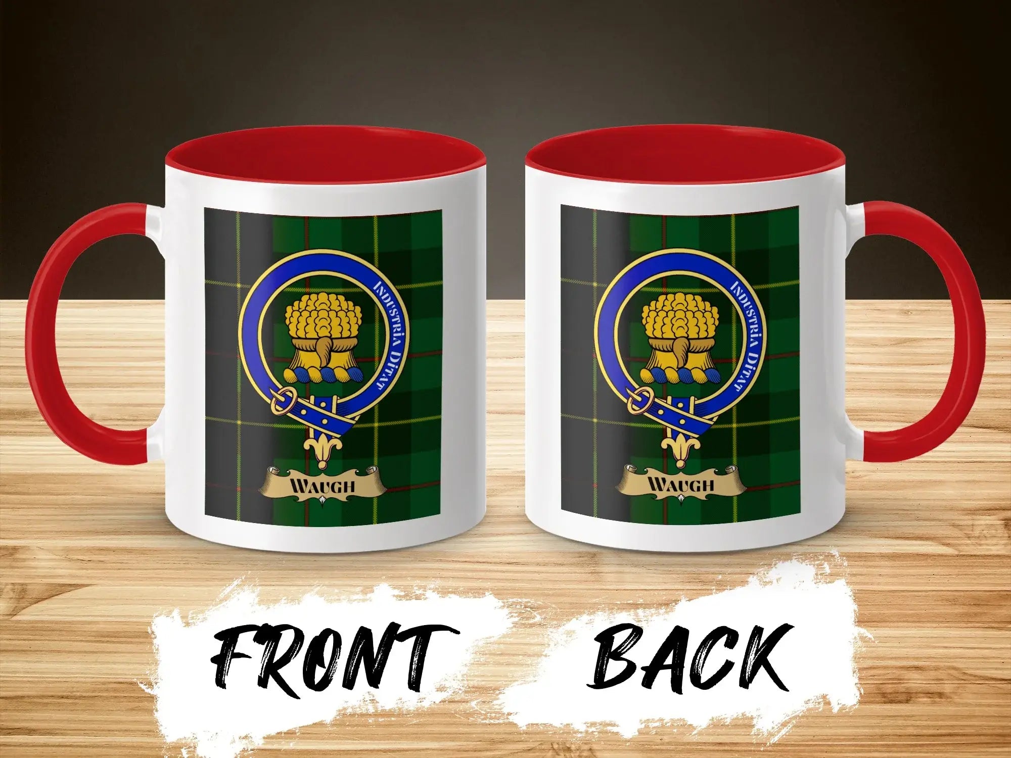 Waugh tartan-background crest mug shown as a Scottish heritage gift