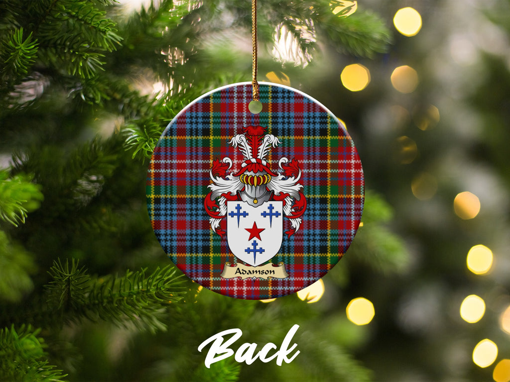 Double-sided Adamson ceramic ornament with family shield and Caledonia tartan background