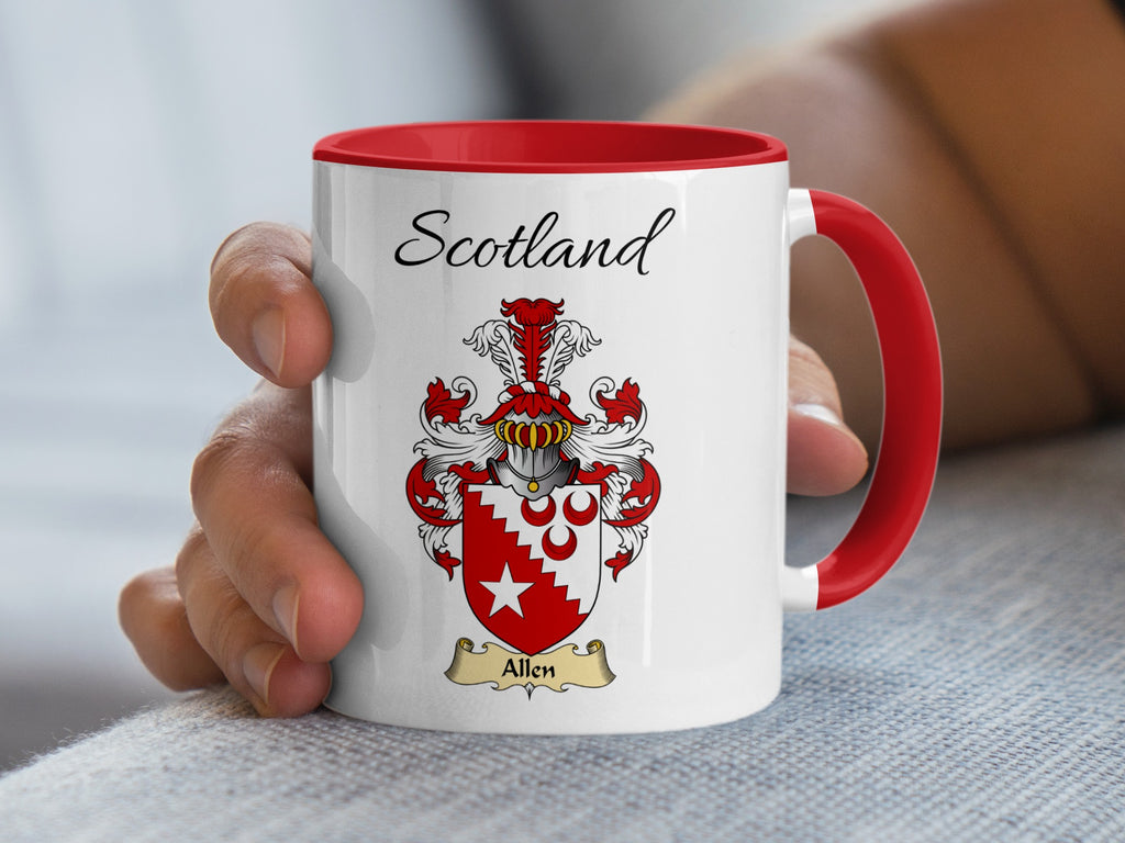 Red-accent Allen Scottish surname mug with matching handle and interior and coat of arms artwork beneath “Scotland”.
