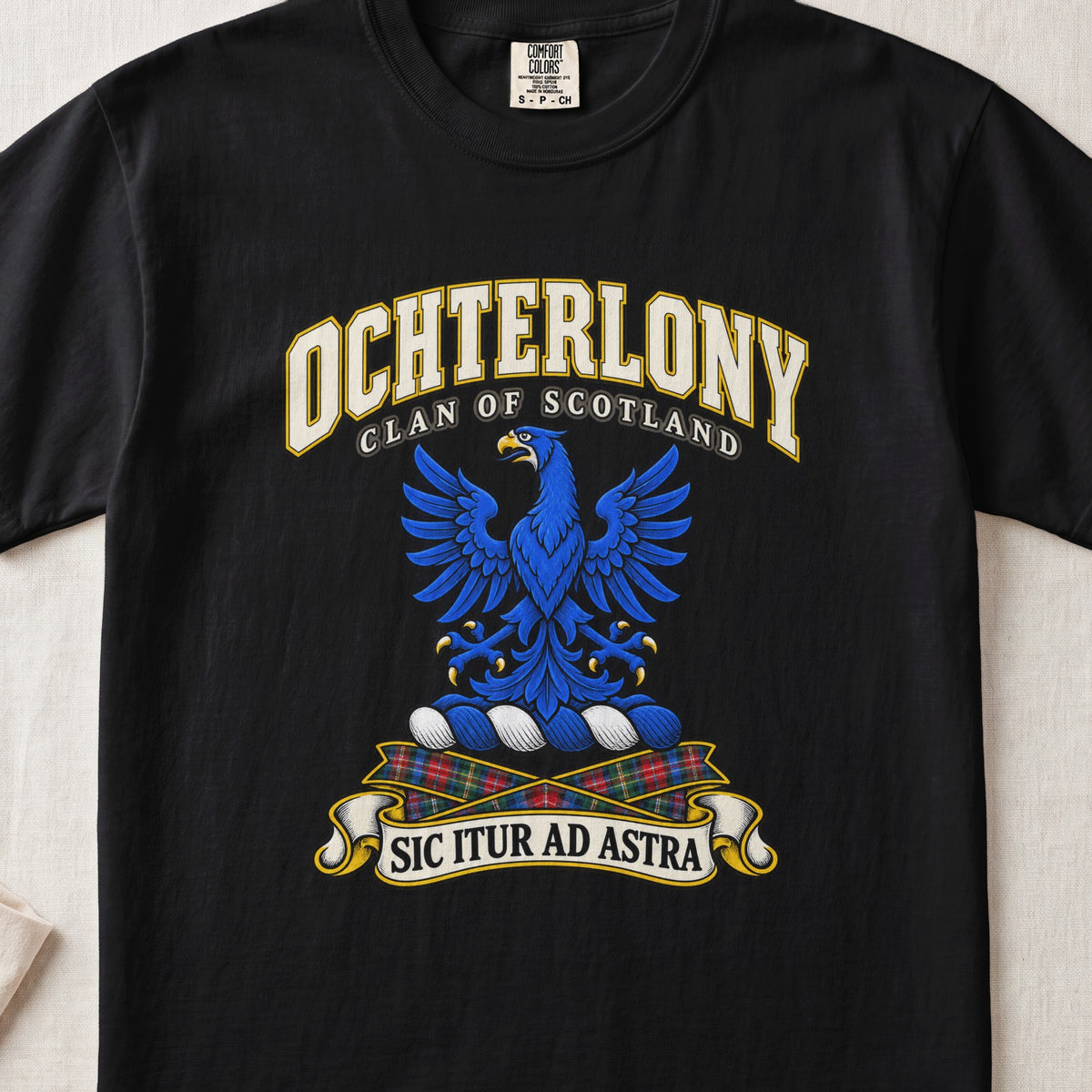 Ochterlony Scottish clan T-shirt in Black, front view with a blue eagle with spread wings and motto banner.