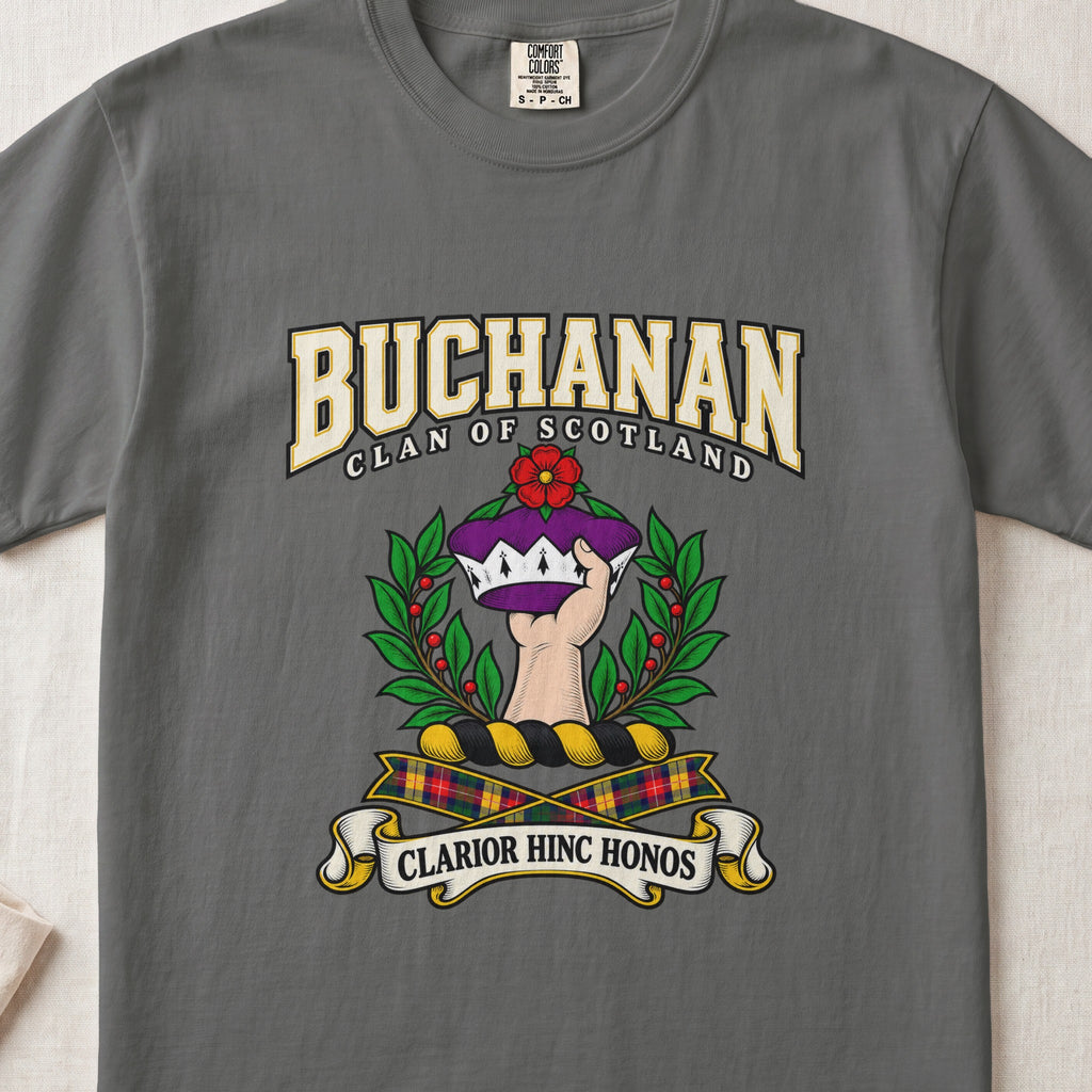 Buchanan Scottish clan graphic T-shirt in Pepper, front view