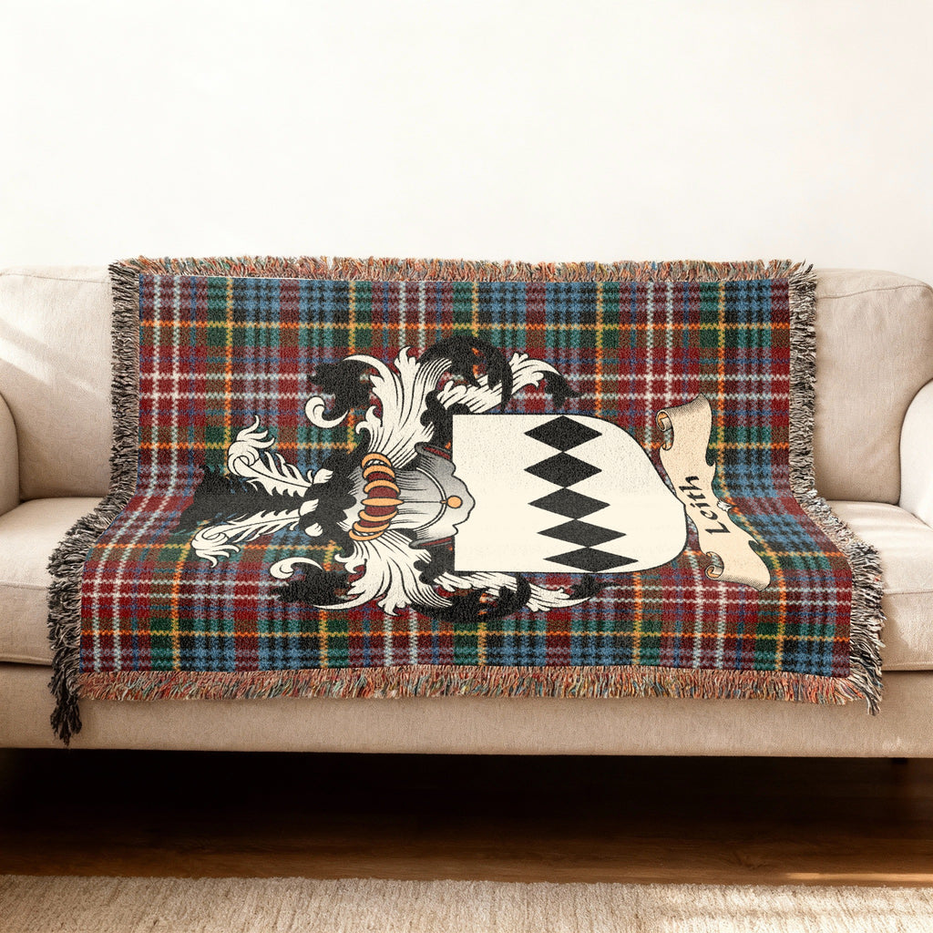 Leith Scottish woven blanket with family shield and Caledonia tartan background