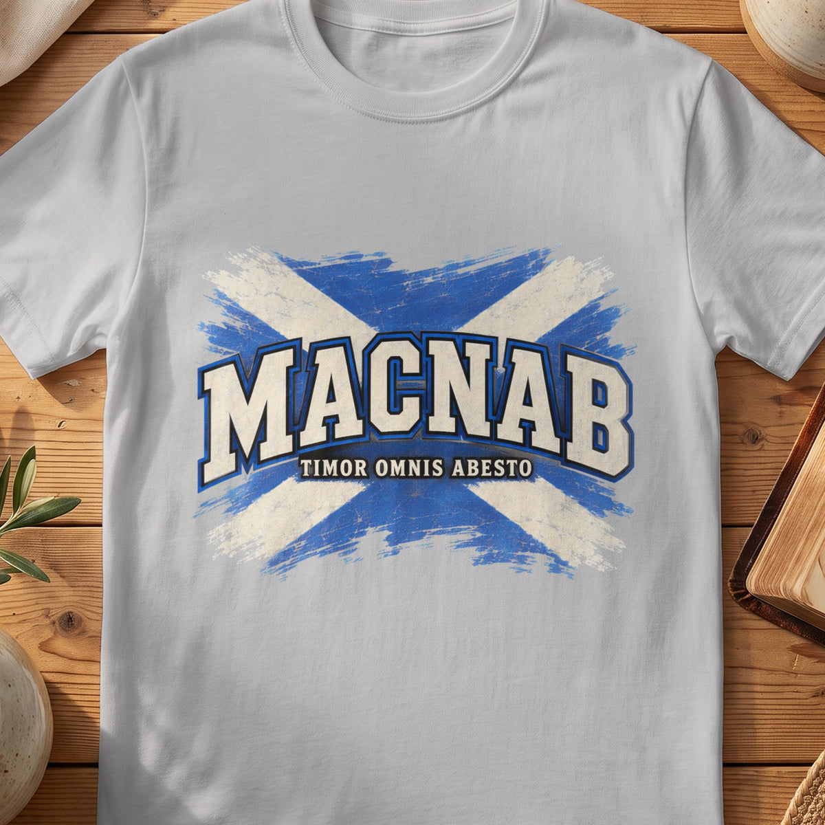 MacNab Scottish Saltire T-shirt in Sport Grey, with distressed blue and cream flag and “Timor Omnis Abesto” lettering.
