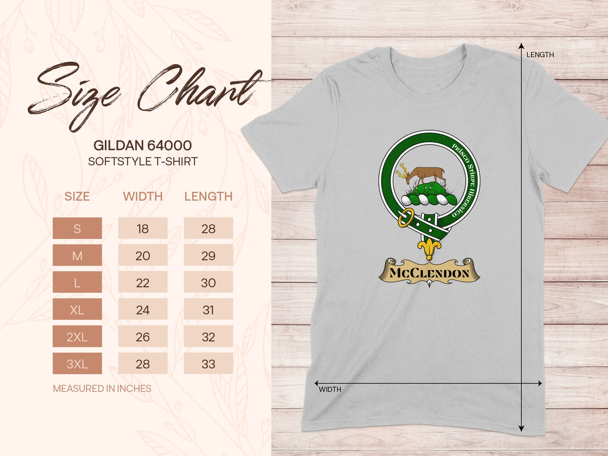 Gildan 64000 size chart for McClendon Scottish clan crest T-shirt