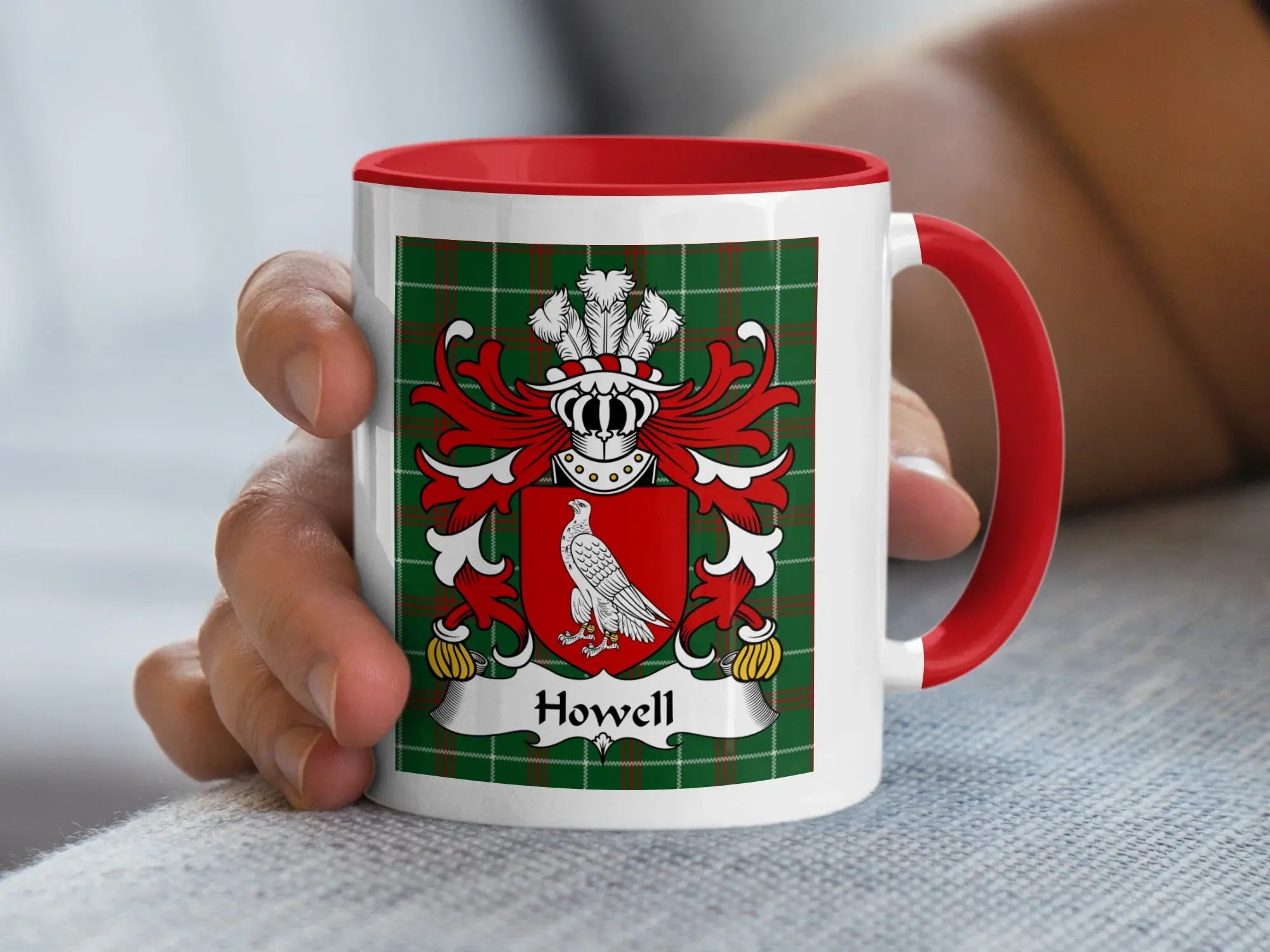 Howell Welsh tartan accent mug with red handle and coat of arms on green plaid