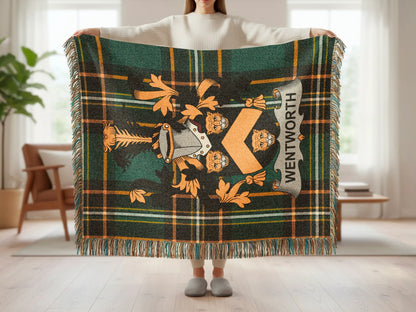 Tartan throw blanket with Wentworth crest featuring lion rampant and shield.