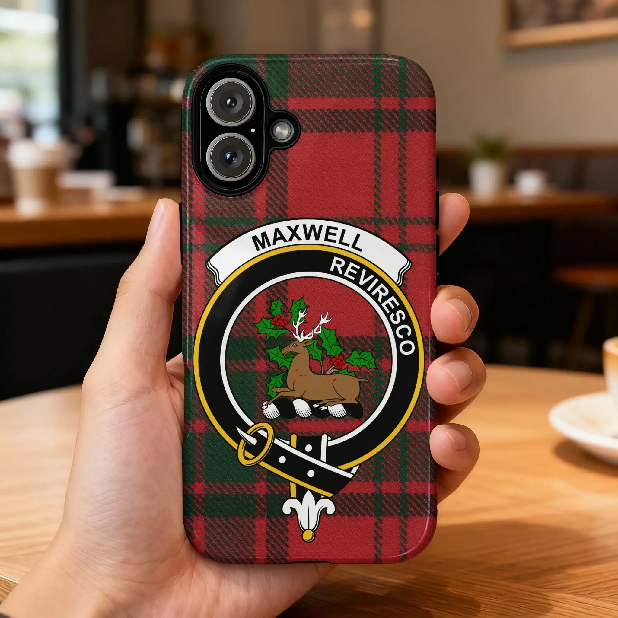 Maxwell clan crest phone case rear view — red tartan wrap print with Reviresco motto