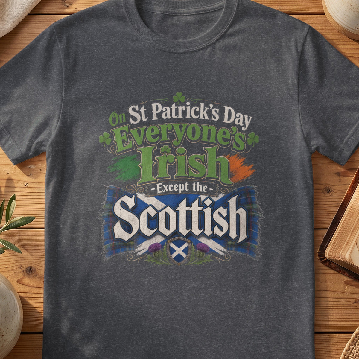 Dark grey Gildan 64000 unisex T-shirt flatlay with Everyone's Irish Except the Scottish Scottish graphic design