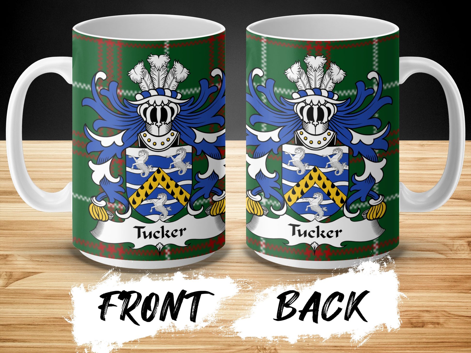 Tucker Surname Coat of Arms on Welsh Tartan Background Mug - Living Stone Gifts